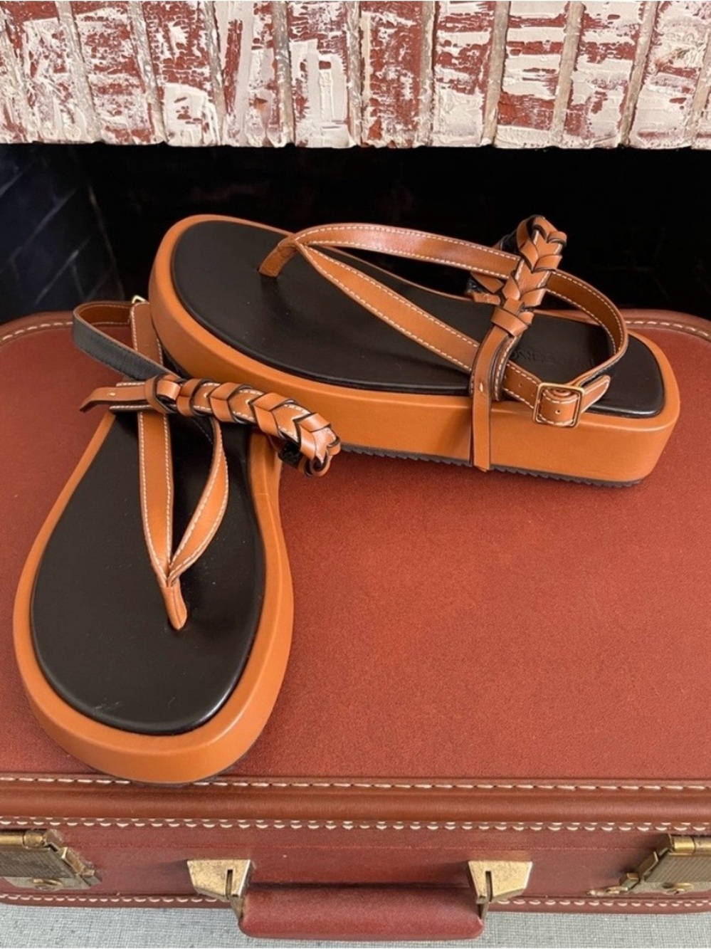 JW ANDERSON Tan Braided Platform Thong Sandals with Black Footbed